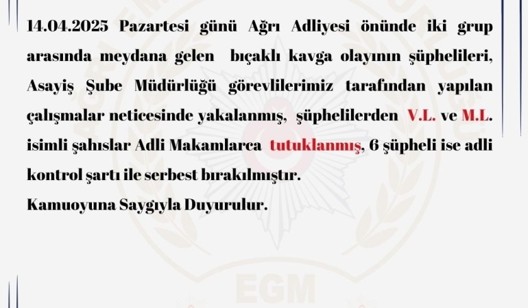 Ağrı Adliyesi Önündeki Bıçaklı Kavgayla İlgili 2 Şüpheli Tutuklandı